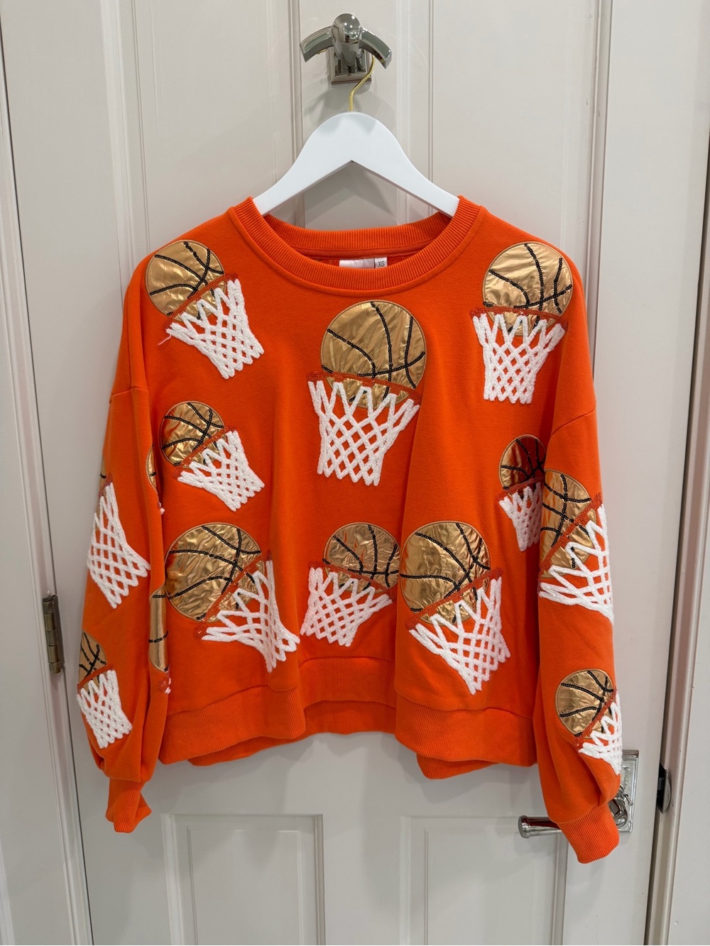 QUEEN OF SPARKLES Orange Basketball Net Embellished Crewneck Sweater